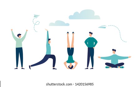 Vector illustration, concept of meditation during working hours, break, health benefits of the body, mind and emotions,  vector,thought process