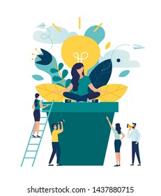 Vector illustration, concept of meditation during working hours, break, health benefits of the body, mind and emotions, thought process, idea and energy