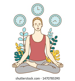 Vector illustration, concept of meditation during working hours, break, health benefits of the body, mind and emotions, thought process