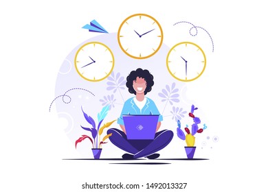 Vector illustration, concept of meditation during working hours, break, health benefits of the body, mind and emotions, thought process