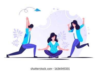 Vector illustration, concept of meditation during working hours, break, health benefits of the body, mind and emotions, thought process