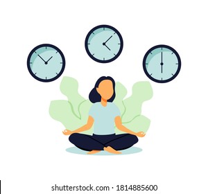 Vector illustration, concept of meditation during working hours, break, health benefits of the body, mind and emotions, thought process