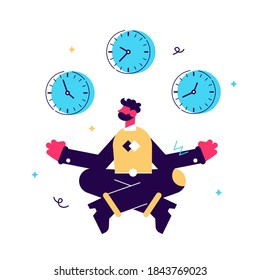 Vector illustration, concept of meditation during working hours, break, health benefits of the body, mind and emotions, thought process