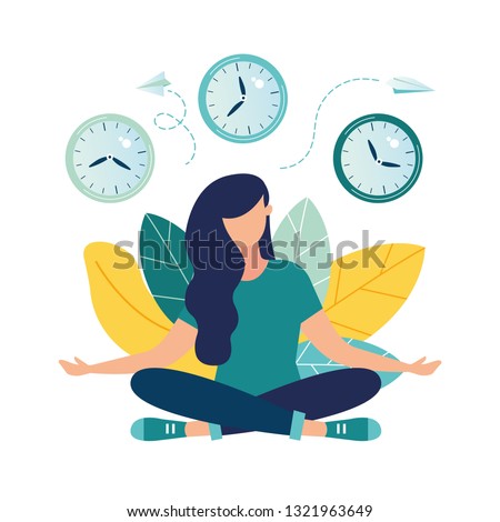 Vector illustration, concept of meditation during working hours, break, health benefits of the body, mind and emotions, thought process