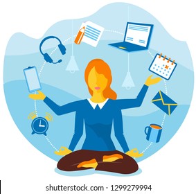 
Vector illustration, the concept of meditation, the health benefits for the body, mind and emotions, the girl sits in a lotus. Business woman meditating. 