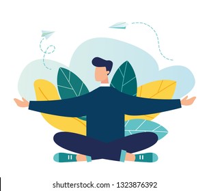 Vector illustration, concept of meditation, health benefits for body, mind and emotions, thought process, start and search for ideas - vector