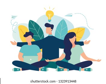 Vector illustration, concept of meditation, health benefits for body, mind and emotions, thought process, start and search for ideas - vector