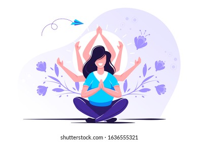 Vector illustration, concept of meditation, health benefits of body yoga. mind and emotions development, thought process