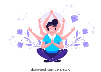 Vector illustration, concept of meditation, health benefits of body yoga. mind and emotions development, thought process