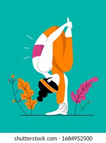 Vector illustration, the concept of meditation, the health benefits for the body, mind and emotions. Young woman sitting in yoga posture and meditating. Girl performing aerobics exercise and morning