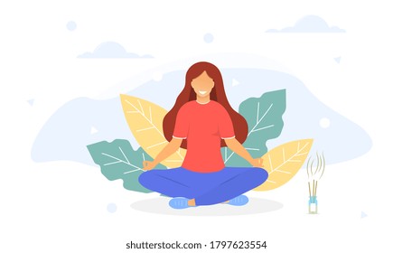 Vector illustration concept of meditation. Woman practising yoga outdoors at nature