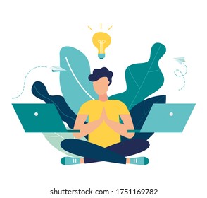 Vector illustration, concept of meditation workflow, health benefits for body, mind and emotions, lotus position, thought process, start and search for ideas.