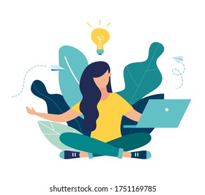 Vector Illustration, Concept Of Meditation Workflow, Health Benefits For Body, Mind And Emotions, Lotus Position, Thought Process, Start And Search For Ideas Vector