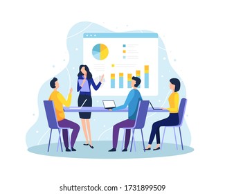 Vector illustration Concept of meeting and teamwork. Employee at meeting discussing and presenting project. Secretary explain the presentation in front of the project team member. Vector in flat style