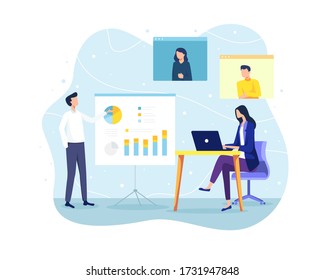 Vector illustration Concept of meeting and teamwork. Employee at meeting discussing and presenting project. Online meeting, Video conference concept. Vector in flat style