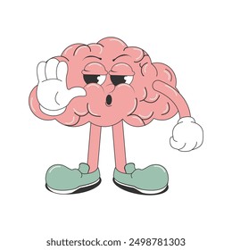 Vector illustration of the concept of mental health. Taking care of a person's mental state. The cartoon character Brain shows a "stop" gesture. Emotions are calm, without panic, anxiety and stress.