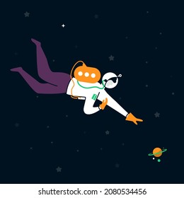 Vector illustration with a concept of messaging in space and reaching far away. The astronaut is in empty space with one planet in the corner. And he is reaching it. Messaging element is on his back
