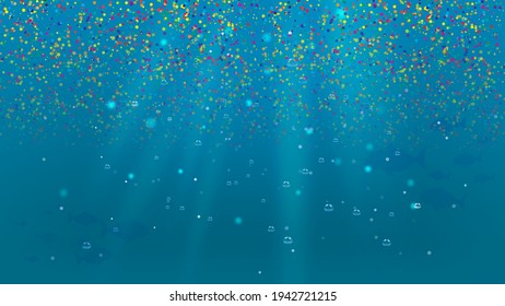 Vector illustration concept of microplastic in the oceans. Small plastic pieces are floating and polluting the water. Ecology conservation and environmental issues problem. Global warming and climate