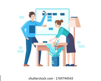 Vector Illustration Concept with Minimalism style. Two people men and women doing a scrum meeting to define strategy for their company on future
