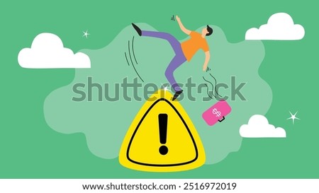 Vector illustration concept of mistake risk and business failure, highlighting critical error problems. It depicts a service accident or issue, with a businessman facing a danger or failure sign, symb