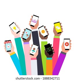 Vector illustration of concept for mobile apps. Flat design. Arms with mobiles.