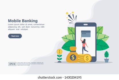 Vector illustration concept of mobile banking. Modern illustration conceptual for banner, flyer, promotion, marketing material, online advertising, business presentation