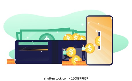 vector illustration, concept of mobile payment or money transfer, online payment illustration, online wallet. Can be used for, landing pages, templates, UI, web.