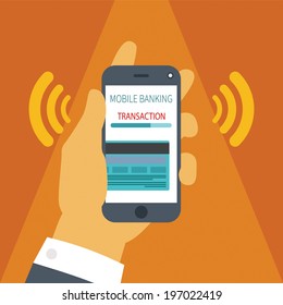 Vector illustration concept of mobile payment application from credit bank card on smartphone screen in man hand.