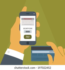 Vector illustration concept of mobile payment application from credit bank card on smartphone screen in man hand.