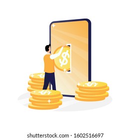 vector illustration, the concept of mobile payments or money transfers, online payment illustrations, small people pay using a mobile. Can be used for, landing pages, templates, UI, web.