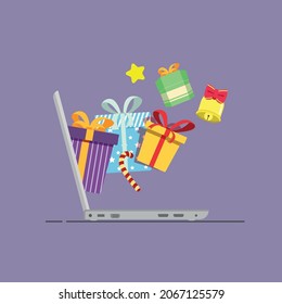 Vector illustration concept of modernization shop, social, and information. Laptop with a Lot of present box appears from it