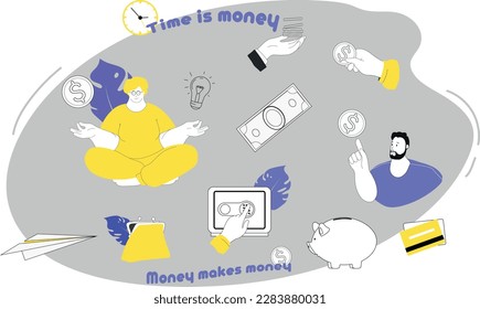El dinero del concepto de ilustración vectorial hace dinero. La gente interactúa con el dinero y hace pagos