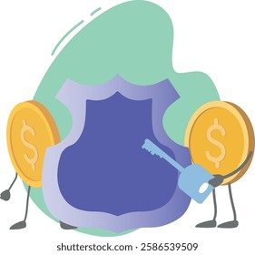 Vector illustration concept of money protection. Finance under shield protection, key to savings
