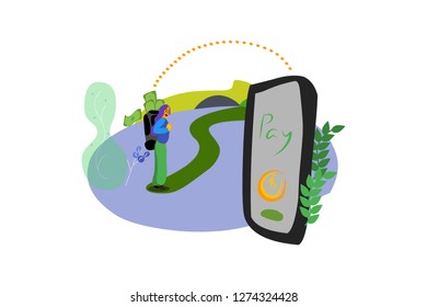 vector illustration concept of money transfer with wallet and smartphone with people flat character. Women traveling. online payment, can be use for landing page, web, banner, template, background, 