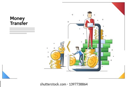vector illustration concept of money transfer from table to people flat character, online payment.
