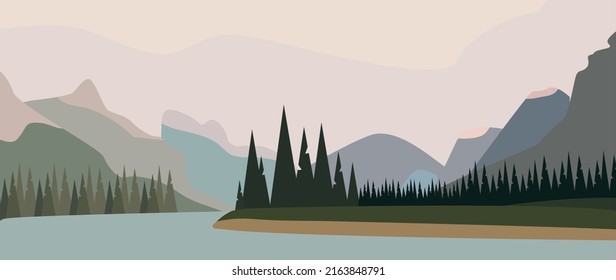 
Vector illustration. Concept of mountains and nature. Flat drawing. The illustration shows mountains, a lake and spruces. The picture is suitable for postcards, wallpapers, stickers and covers.