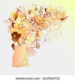 Vector illustration concept music background. Key notes of gamma. Waves of sound.