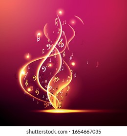 Vector illustration concept music background. Key notes of gamma. Waves of sound.