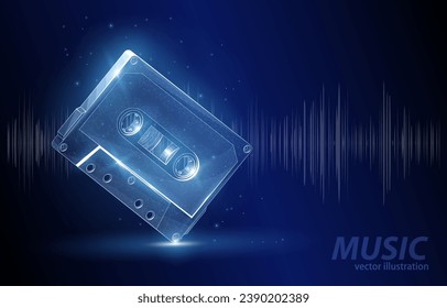 Vector illustration of the concept of a musical audio cassette with magnetic film, against the background of a sound recording diagram, a symbol of the 80-90s, technology, style, trend of the era.