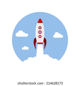Vector illustration concept for new business project start up in flat style. Rocket and clouds silhouette - launching new product or service. Technology development process. Innovation idea.