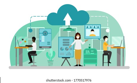 Vector illustration concept of New normal in working space at work place. Creative flat design for web banner, marketing material, business presentation, online article .