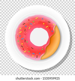 Vector illustration. Concept nutrition. Donut with bright  glaze on plate decorated powder and colorful candys on the isolated background