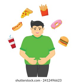 vector illustration of the concept of obesity due to fast food, obese man, overweight, flat style illustration