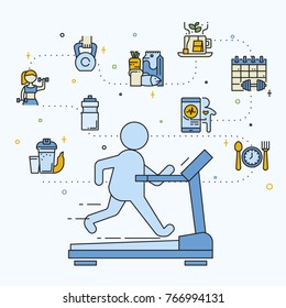 Vector illustration Concept of obesity, exercise and healthy lifestyle with outline icons for website, presentation.