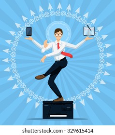   Vektorgrafik. Konzept von Office Shiva. Der Mensch in Brillen mit vier Händen in Nataraja Pose tanzt auf Kopierer in einer Reihe von Glockenläufern und "auf" Schildern.  Haltet in Händen Smartphone und Notebook.