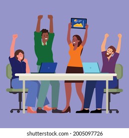 Vector illustration concept of office workers celebrating team success. Successful teamwork.
