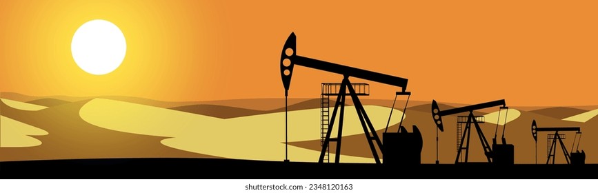 Concepto de ilustración vectorial, bombas de petróleo, en el fondo del desierto y el sol, recursos naturales, petróleo, negocios, ecología.