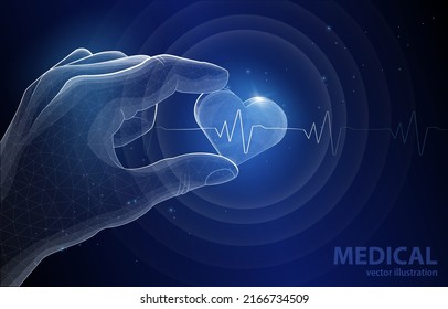 Concepto de ilustración vectorial en un fondo azul oscuro, una mano sostiene una línea de corazón, latido, símbolo, medicina, farmacología, preservación de la salud.