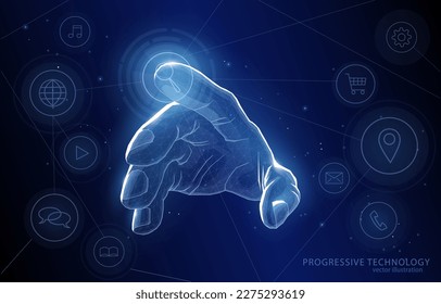 Vector illustration concept, on a dark blue background, polygonal, user's hand touching the screen with a finger, using the interface, touch screen, technology, gadgets, digitalization.