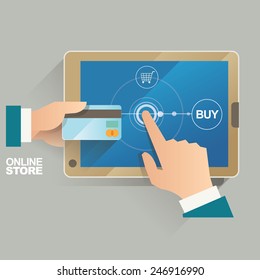 vector illustration concept for on line store. Digital marketing. Buy on line. Mobile payment